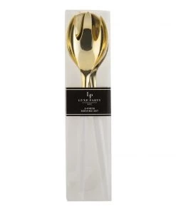 Luxe Party NYC Flatware White / Gold Plastic Serving Fork • Spoon Set
