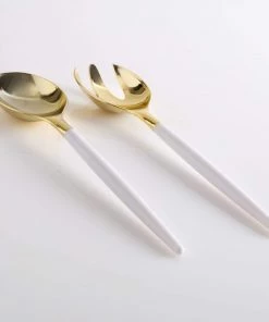 Luxe Party NYC Flatware White / Gold Plastic Serving Fork • Spoon Set