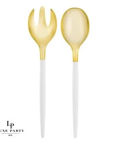 Luxe Party NYC Flatware White / Gold Plastic Serving Fork • Spoon Set