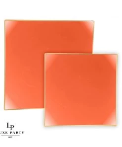 Square Accent Orange • Gold Square Plastic Plates | 10 Pack