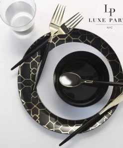 Round Accent Pattern Round Black • Gold Pattern Plastic Plates | 10 Pack