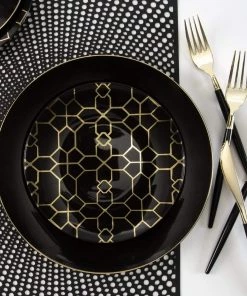 Round Accent Pattern Round Black • Gold Pattern Plastic Plates | 10 Pack