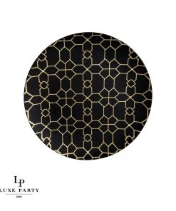 Round Accent Pattern Round Black • Gold Pattern Plastic Plates | 10 Pack