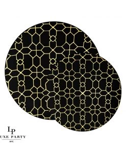Round Accent Pattern Round Black • Gold Pattern Plastic Plates | 10 Pack