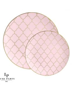 Round Accent Pattern Round Blush • Gold Lattice Pattern Plastic Plates | 10 Pack