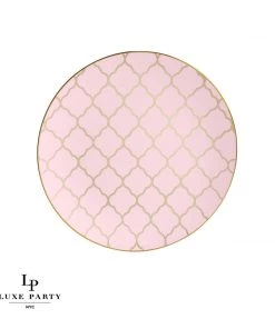 Round Accent Pattern Round Blush • Gold Lattice Pattern Plastic Plates | 10 Pack