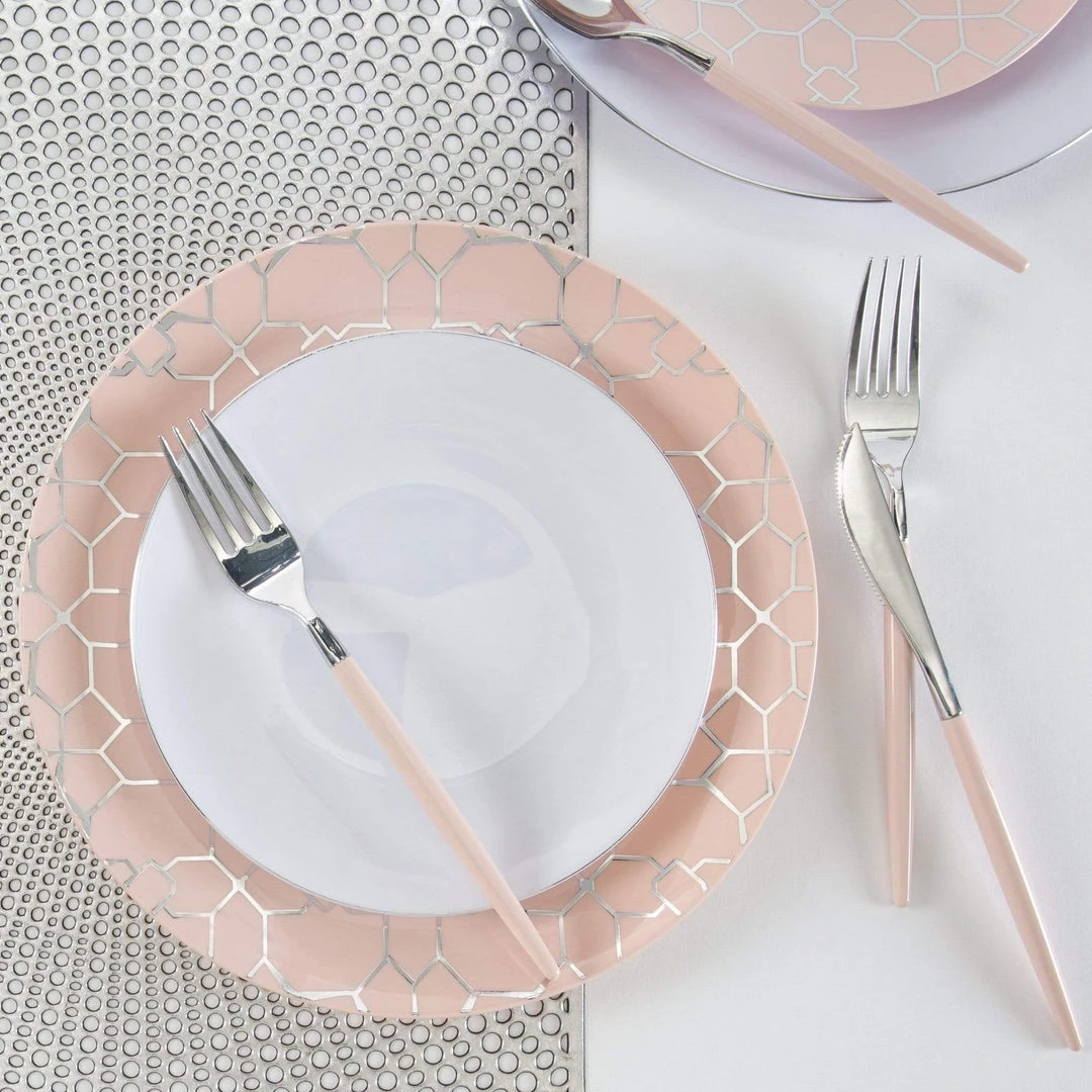Round Accent Pattern Round Blush • Silver Lattice Pattern Plastic Plates | 10 Pack 3 Round Accent Pattern Round Blush • Silver Lattice Pattern Plastic Plates | 10 Pack