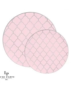 Round Accent Pattern Round Blush • Silver Lattice Pattern Plastic Plates | 10 Pack