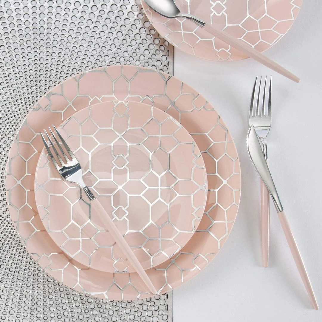 Round Accent Pattern Round Blush • Silver Pattern Plastic Plates | 10 Pack 2 Round Accent Pattern Round Blush • Silver Pattern Plastic Plates | 10 Pack