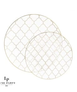 Round Accent Pattern Round Clear • Gold Lattice Pattern Plastic Plates | 10 Pack