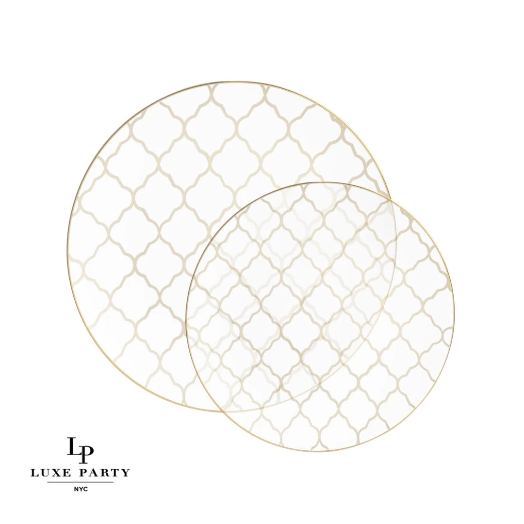 Round Accent Pattern Round Clear • Gold Lattice Pattern Plastic Plates | 10 Pack 1 Round Accent Pattern Round Clear • Gold Lattice Pattern Plastic Plates | 10 Pack