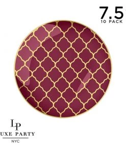 Round Accent Pattern Round Cranberry • Gold Lattice Pattern Plastic Plates | 10 Pack