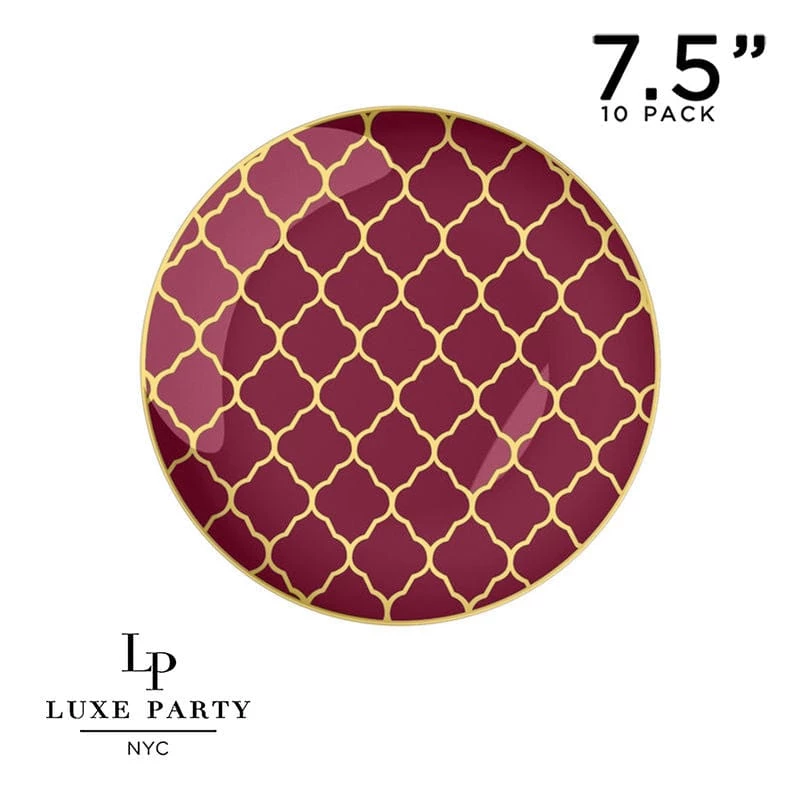 Round Accent Pattern Round Cranberry • Gold Lattice Pattern Plastic Plates | 10 Pack 1 Round Accent Pattern Round Cranberry • Gold Lattice Pattern Plastic Plates | 10 Pack
