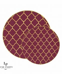 Round Accent Pattern Round Cranberry • Gold Lattice Pattern Plastic Plates | 10 Pack