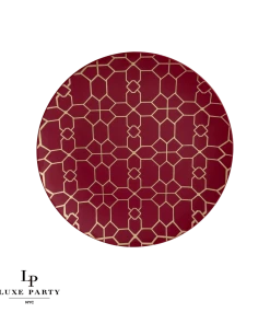 Round Accent Pattern Round Cranberry • Gold Pattern Plastic Plates | 10 Pack