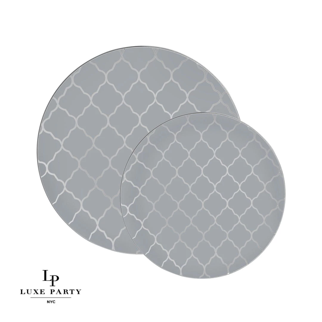 Round Accent Pattern Round Gray • Silver Lattice Pattern Plastic Plates | 10 Pack 1 Round Accent Pattern Round Gray • Silver Lattice Pattern Plastic Plates | 10 Pack