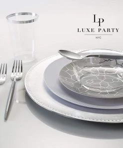 Round Accent Pattern Round Gray • Silver Pattern Plastic Plates | 10 Pack