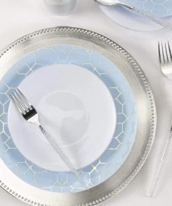 Round Accent Pattern Round Ice Blue • Silver Pattern Plastic Plates | 10 Pack