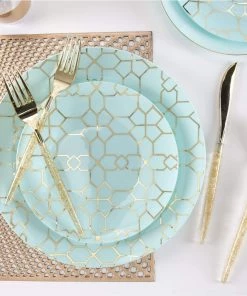 Round Accent Pattern Round Mint • Gold Pattern Plastic Plates | 10 Pack 8 Round Accent Pattern Round Mint • Gold Pattern Plastic Plates | 10 Pack