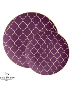 Round Accent Pattern Round Purple • Gold Lattice Pattern Plastic Plates | 10 Pack