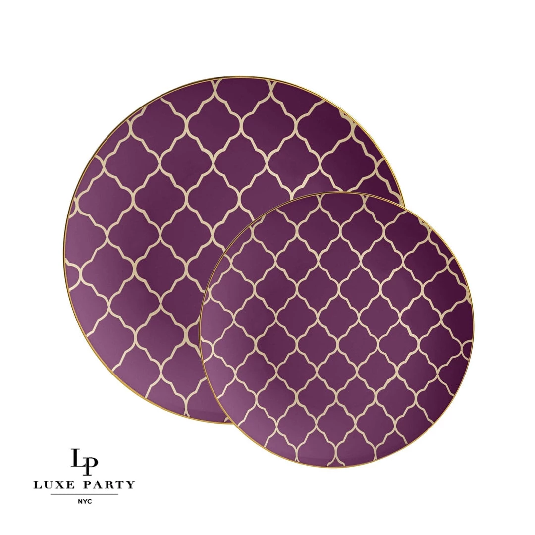 Round Accent Pattern Round Purple • Gold Lattice Pattern Plastic Plates | 10 Pack 1 Round Accent Pattern Round Purple • Gold Lattice Pattern Plastic Plates | 10 Pack