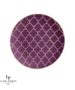 Round Accent Pattern Round Purple • Gold Lattice Pattern Plastic Plates | 10 Pack