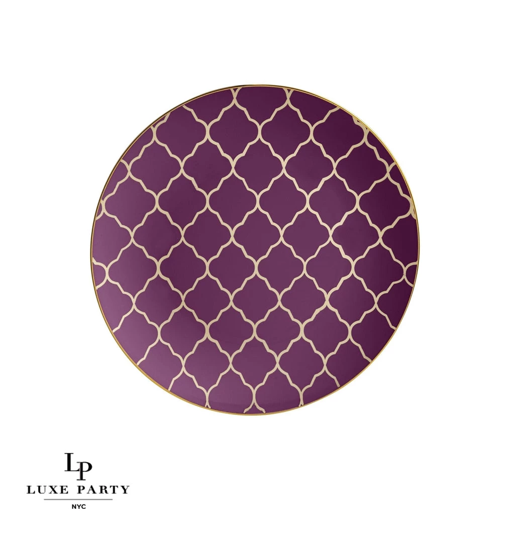 Round Accent Pattern Round Purple • Gold Lattice Pattern Plastic Plates | 10 Pack 2 Round Accent Pattern Round Purple • Gold Lattice Pattern Plastic Plates | 10 Pack
