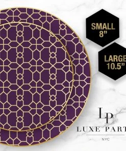 Round Accent Pattern Round Purple • Gold Pattern Plastic Plates | 10 Pack