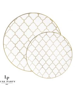 Round Accent Pattern Round White • Gold Lattice Pattern Plastic Plates | 10 Pack
