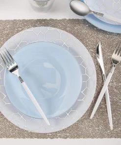 Round Accent Pattern Round White • Silver Pattern Plastic Plates | 10 Pack