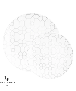 Round Accent Pattern Round White • Silver Pattern Plastic Plates | 10 Pack