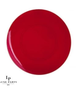 Round Accent Red • Gold Round Plastic Plates | 10 Pack