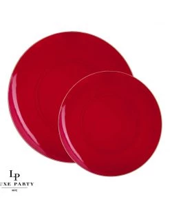 Round Accent Red • Gold Round Plastic Plates | 10 Pack