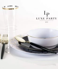 Round Accent Round Black • Gold Plastic Plates | 10 Pack