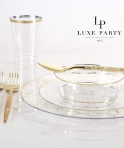 Round Accent Round Clear • Gold Plastic Plates | 10 Pack