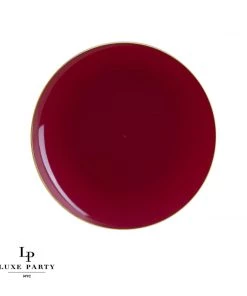 Round Accent Round Cranberry • Gold Plastic Plates | 10 Pack
