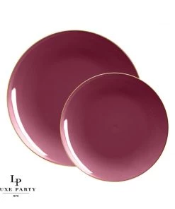 Round Accent Round Cranberry • Gold Plastic Plates | 10 Pack
