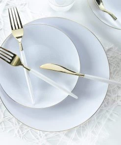 Round Accent Round White • Gold Plastic Plates | 10 Pack