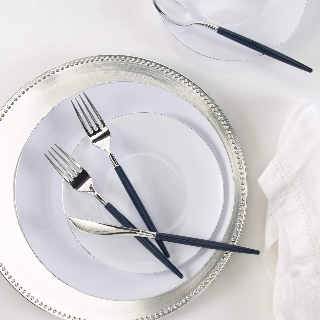 Round Accent Round White • Silver Plastic Plates | 10 Pack 1 Round Accent Round White • Silver Plastic Plates | 10 Pack