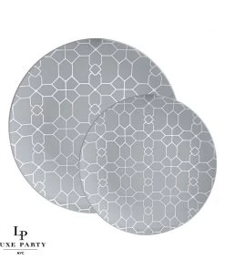 Round Accent Pattern Round Gray • Silver Pattern Plastic Plates | 10 Pack