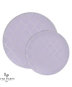 Round Lattice Lavender • Silver Patterned Lattice Plastic Plates | 10 Pack