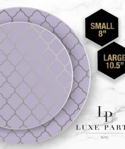 Round Lattice Lavender • Silver Patterned Lattice Plastic Plates | 10 Pack 5 Round Lattice Lavender • Silver Patterned Lattice Plastic Plates | 10 Pack