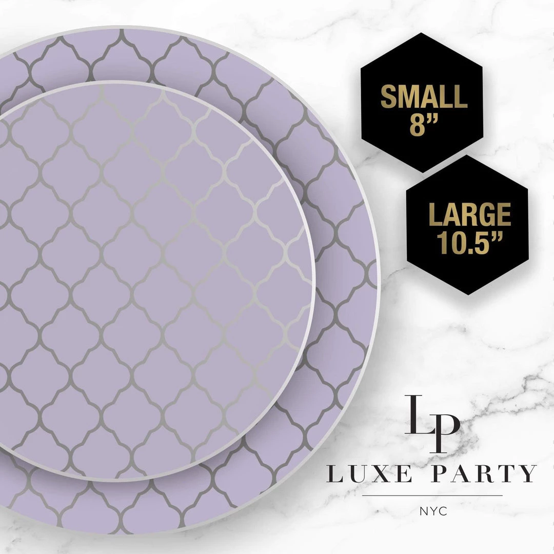 Round Lattice Lavender • Silver Patterned Lattice Plastic Plates | 10 Pack 3 Round Lattice Lavender • Silver Patterned Lattice Plastic Plates | 10 Pack