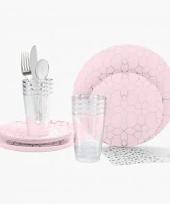 Round Set 56 Pc | Round Coupe Blush • Silver Plastic Party Set Party Sets