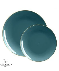 Round Accent Round Teal • Gold Plastic Plates | 10 Pack