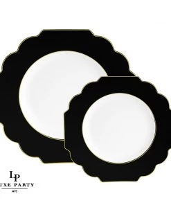 Scallop Design Scalloped Black • Gold Plastic Plates | 10 Pack