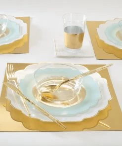Scallop Design Scalloped Clear Mint • Gold Plastic Plates | 10 Pack