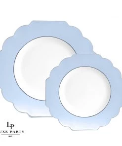 Scallop Design Scalloped Ice Blue • Silver Plastic Plates | 10 Pack