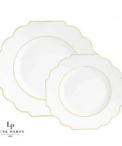 Scallop Design Scalloped White • Gold Plastic Plates | 10 Pack