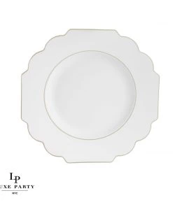 Scallop Design Scalloped White • Gold Plastic Plates | 10 Pack